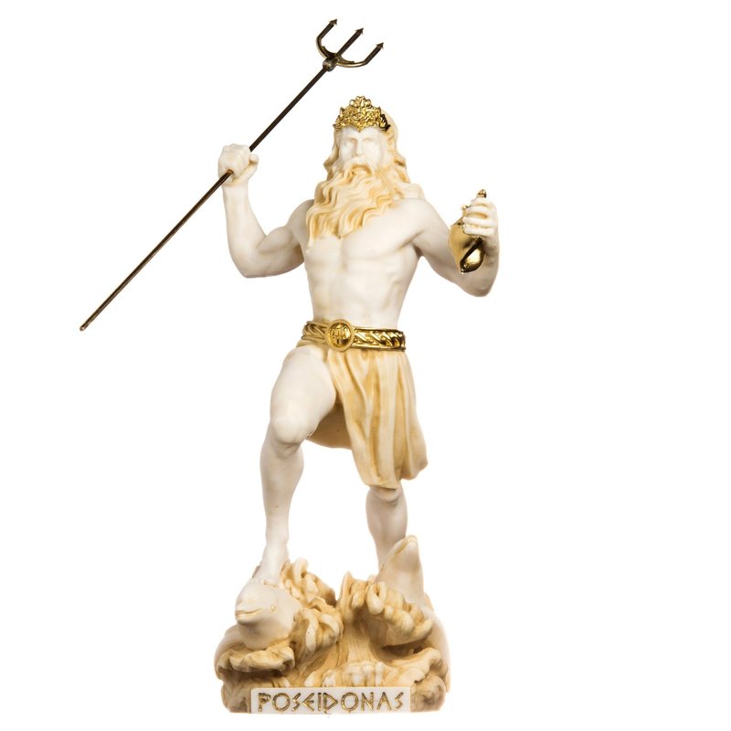 God Poseidon Alabaster Statue with Gold Tones from Greece