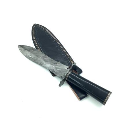 Hand Forged Spear-Shaped Damascus Steel with Natural Black Horn Handle and Leather Sheathe Athame
