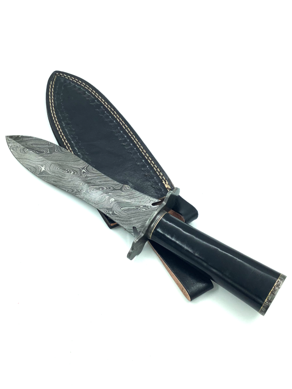 Hand Forged Spear-Shaped Damascus Steel with Natural Black Horn Handle and Leather Sheathe Athame