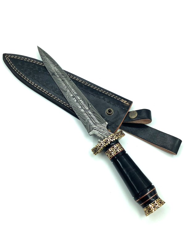 Hand Forged Damascus Steel with Decorative Natural Black Horn Handle and Leather Sheathe Athame