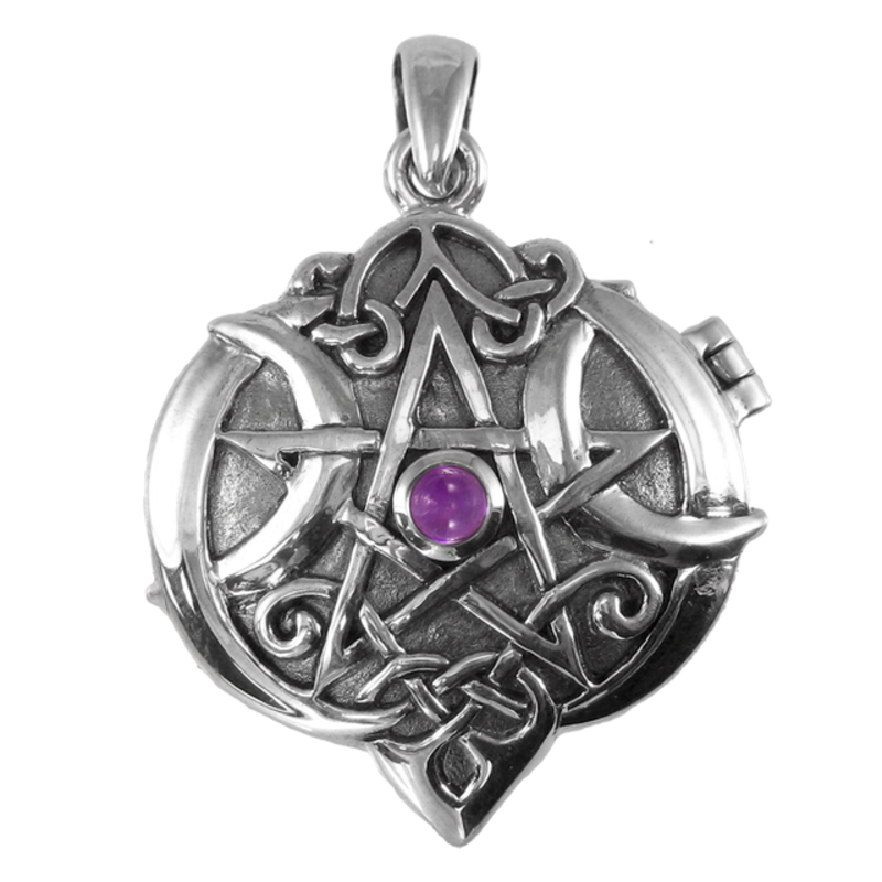 Heart Pentacle Locket in Sterling Silver with Amethyst