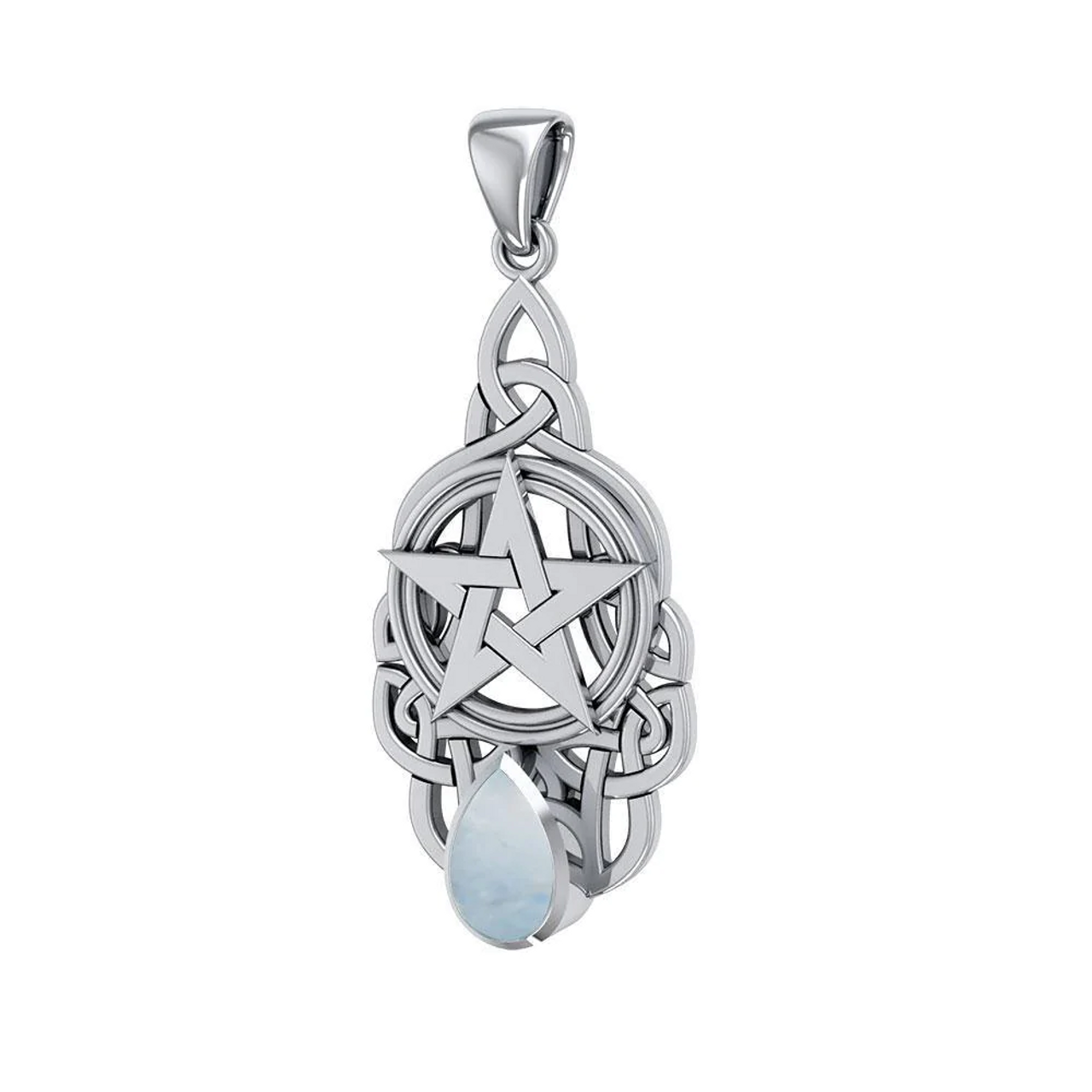 Triquetra Knot Pentacle Pendant with Rainbow Moonstone in Sterling Silver