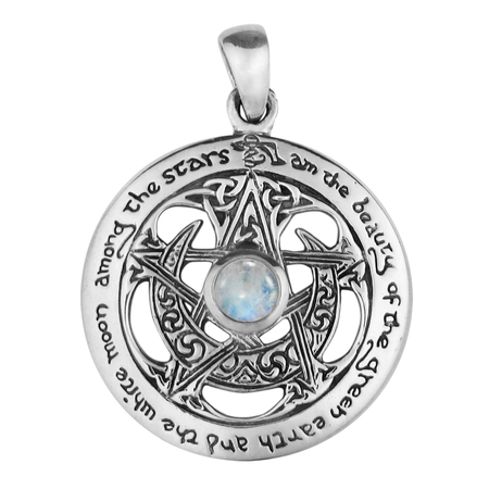 Large Cut-Out Moon Pentacle Pendant in Sterling Silver with Rainbow Moonstone