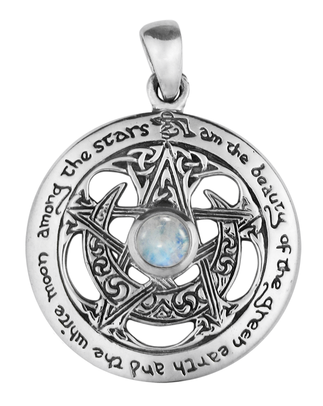 Large Cut-Out Moon Pentacle Pendant in Sterling Silver with Rainbow Moonstone
