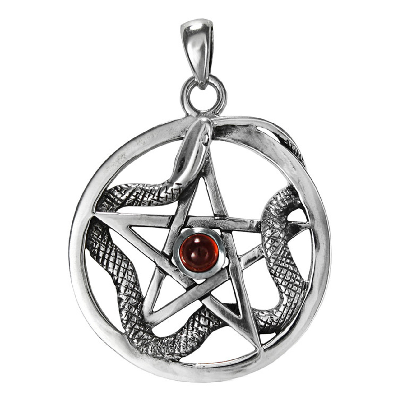 Ouroboros Serpent Pentacle with Garnet in Sterling Silver