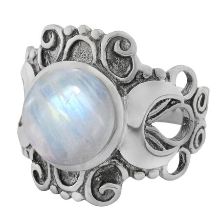 Large Victorian Triple Moon Goddess Ring with Rainbow Moonstone