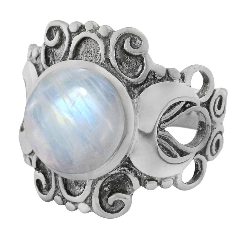 Large Victorian Triple Moon Goddess Ring with Rainbow Moonstone