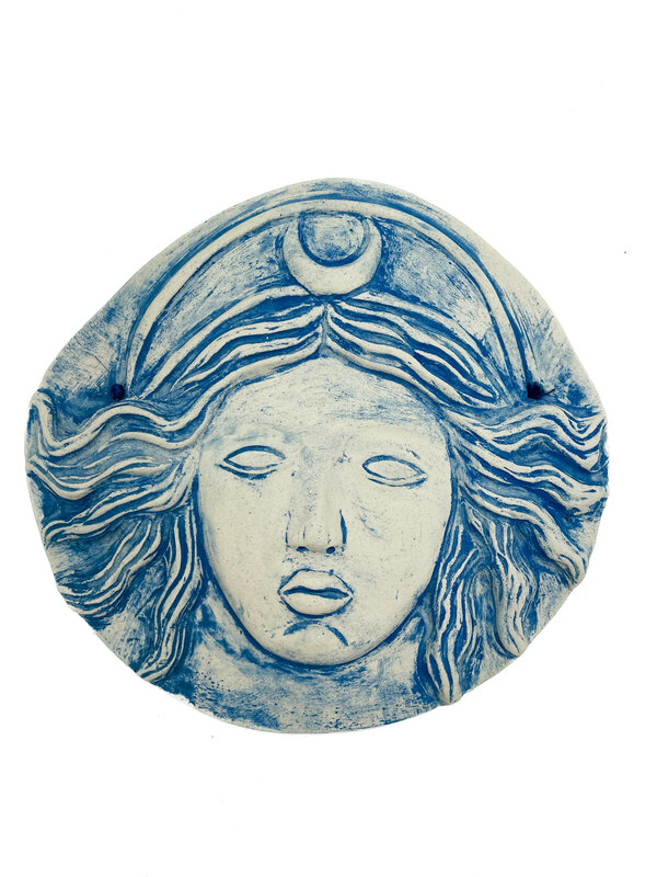 Stoneware Diana Moon Goddess Plaque in Blue Finish