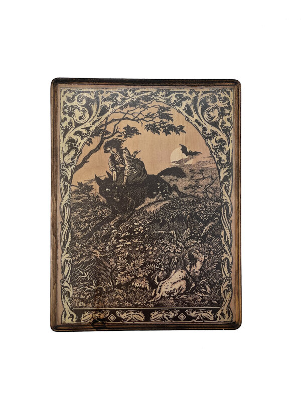 Witch Riding a Wolf by Maurice Garcon- Wooden Wall Plaque