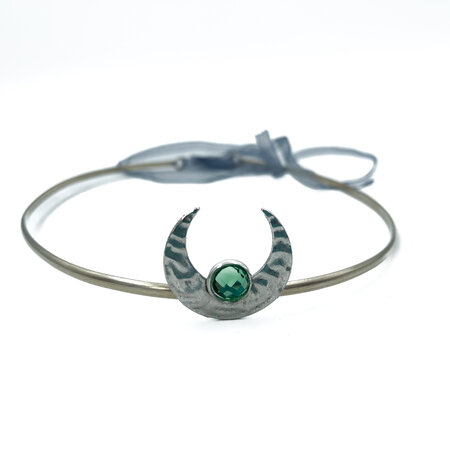 Priestess Crown with Silver Crescent and Green Acrylic Gem