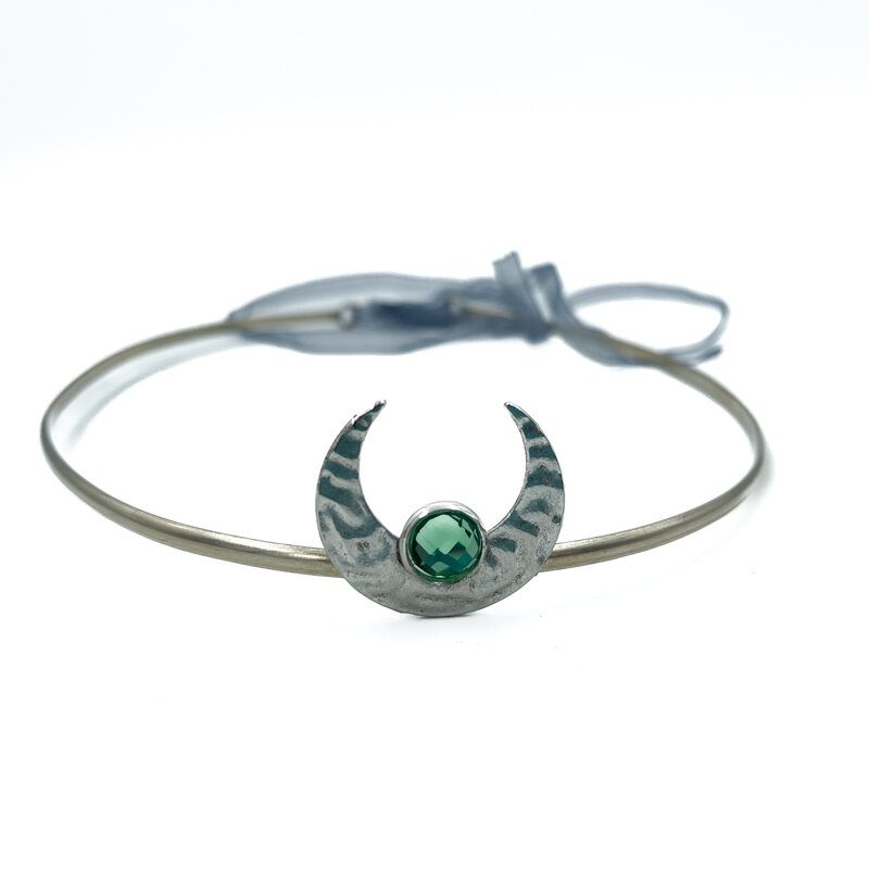 Priestess Crown with Silver Crescent and Green Acrylic Gem