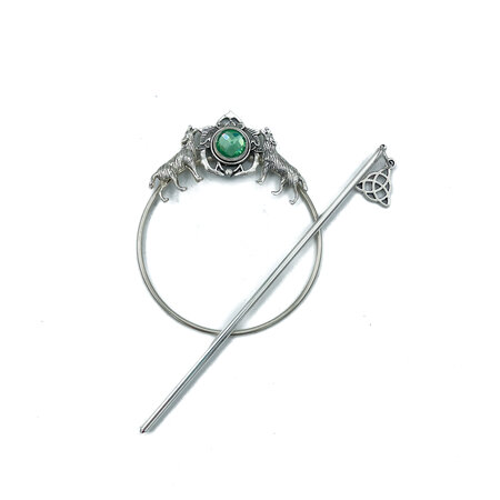 Wolf Hair Jewelry with Celtic Knot Stick and Green Acrylic Gem