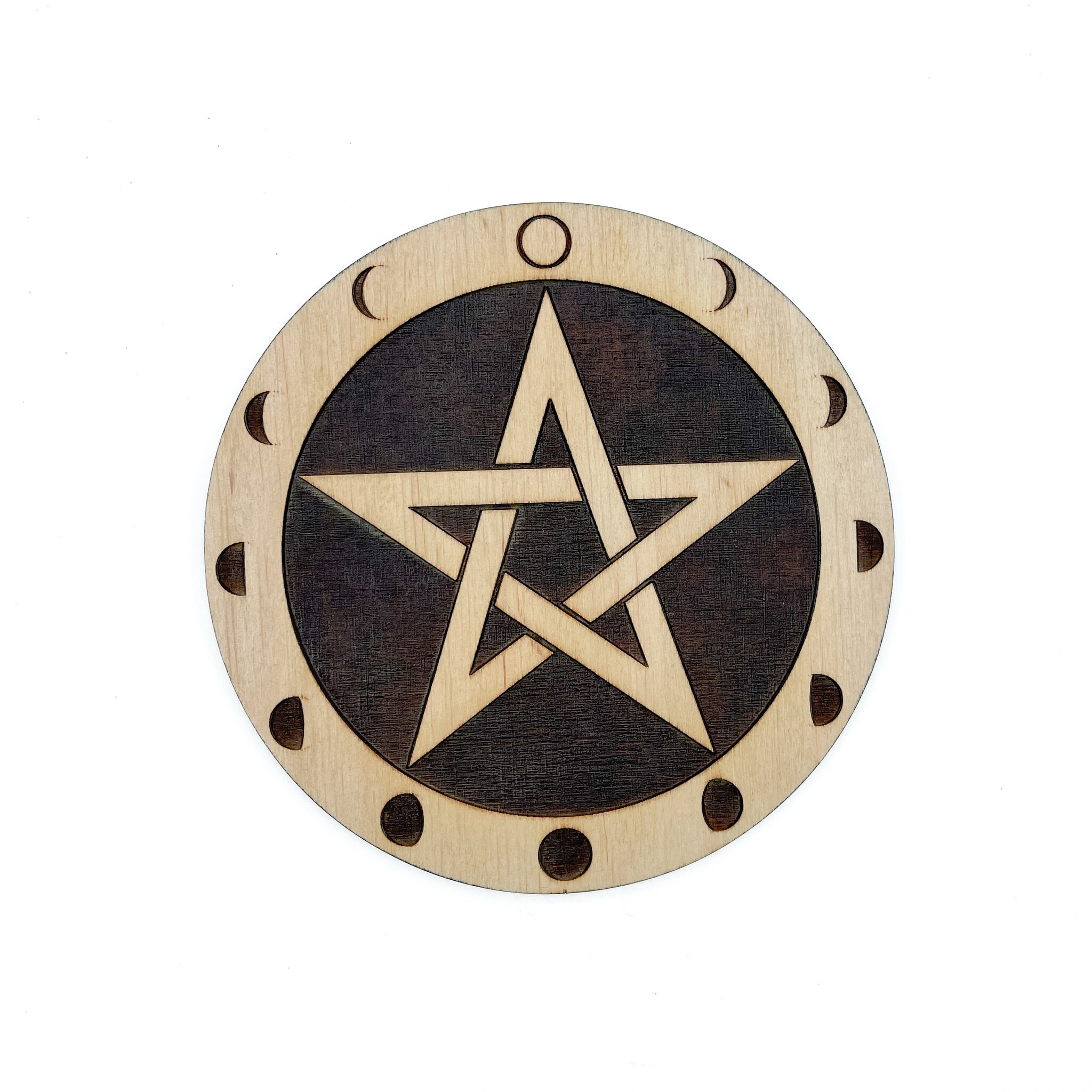 Pentacle with Moon Phases Altar Pentacle in Natural Wood Finish 6 Inches