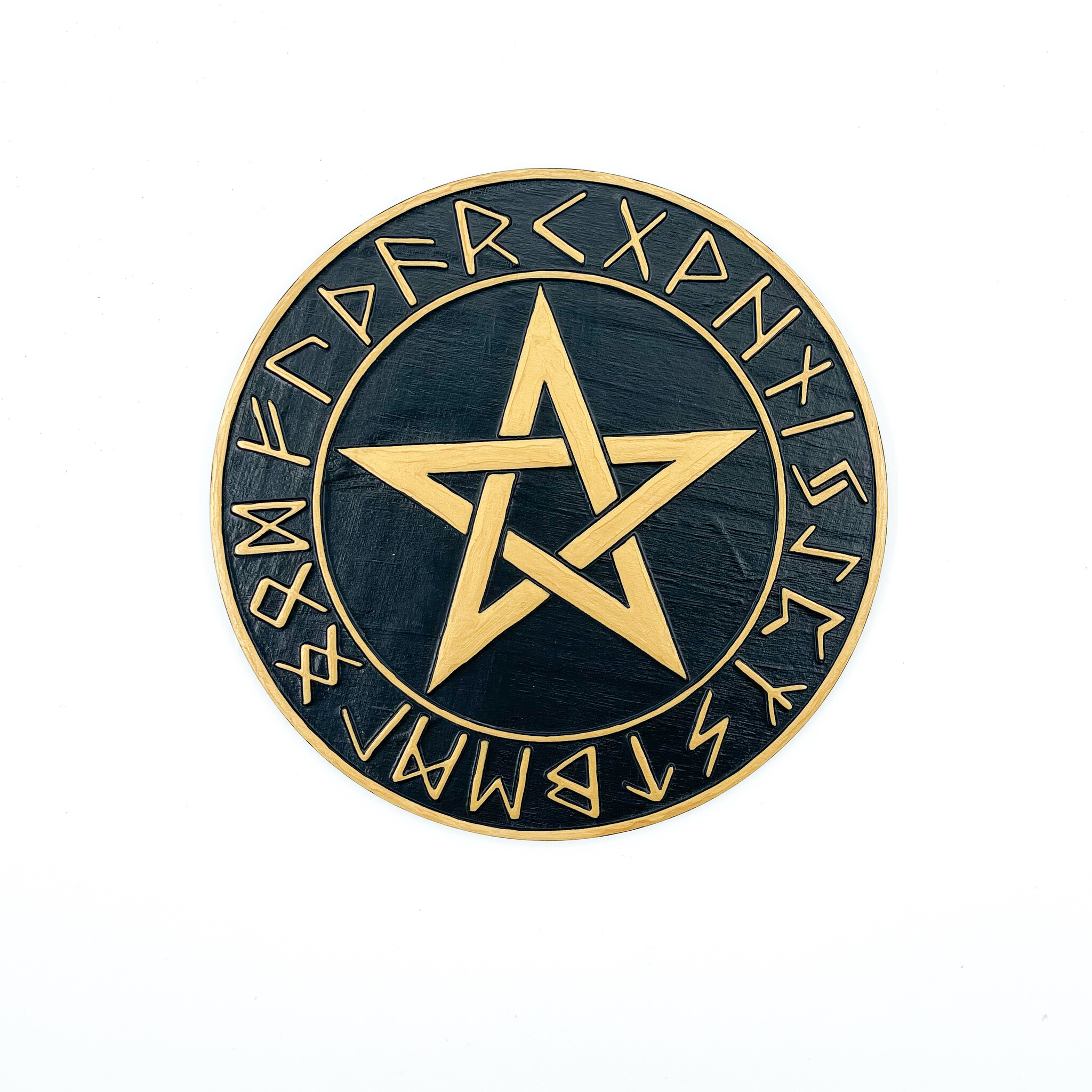 Elder Futhark Altar Pentacle in Black and Gold  Finish 8 Inches