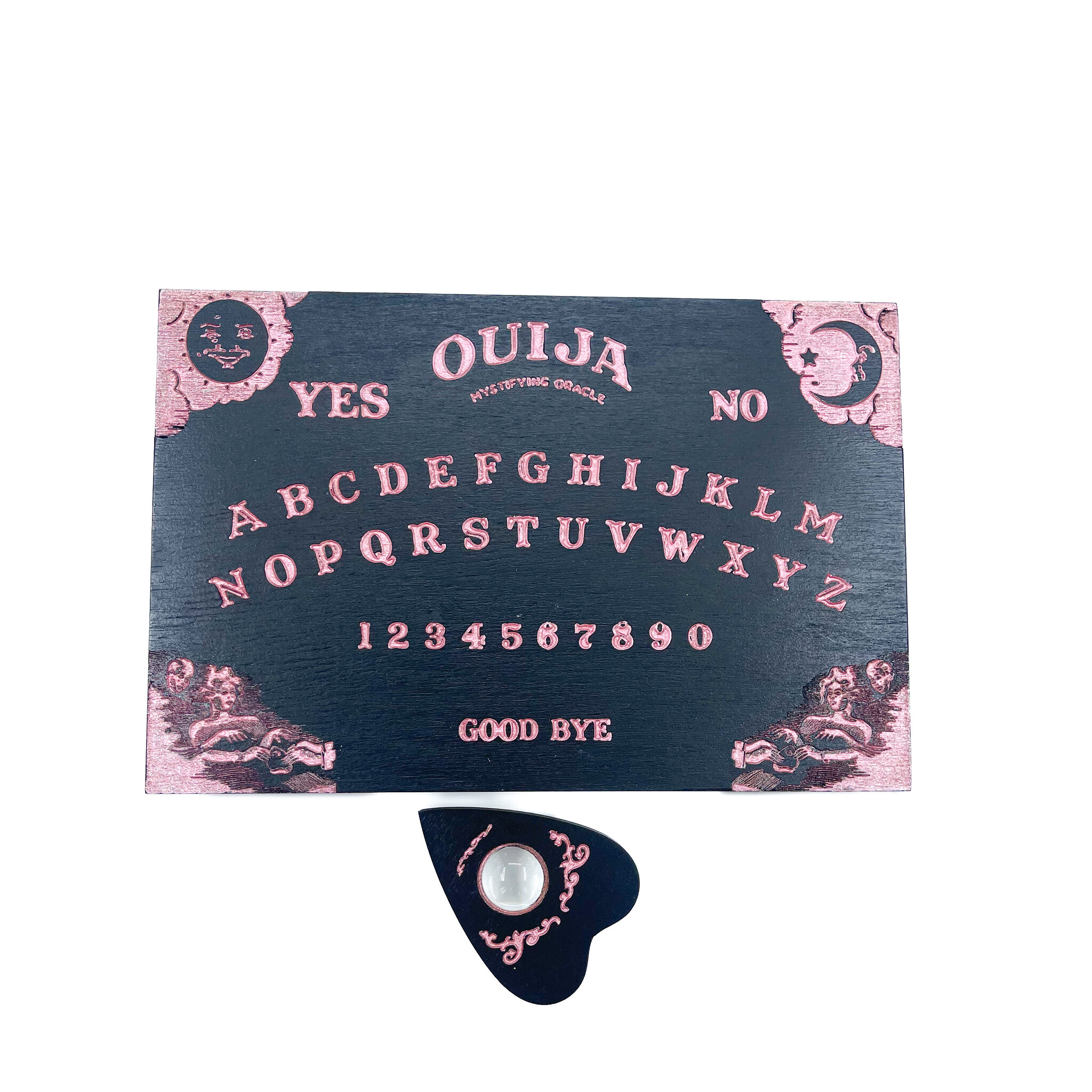 Small Classic Ouija Board in Black Wood Stain with Pink 12" x 8"