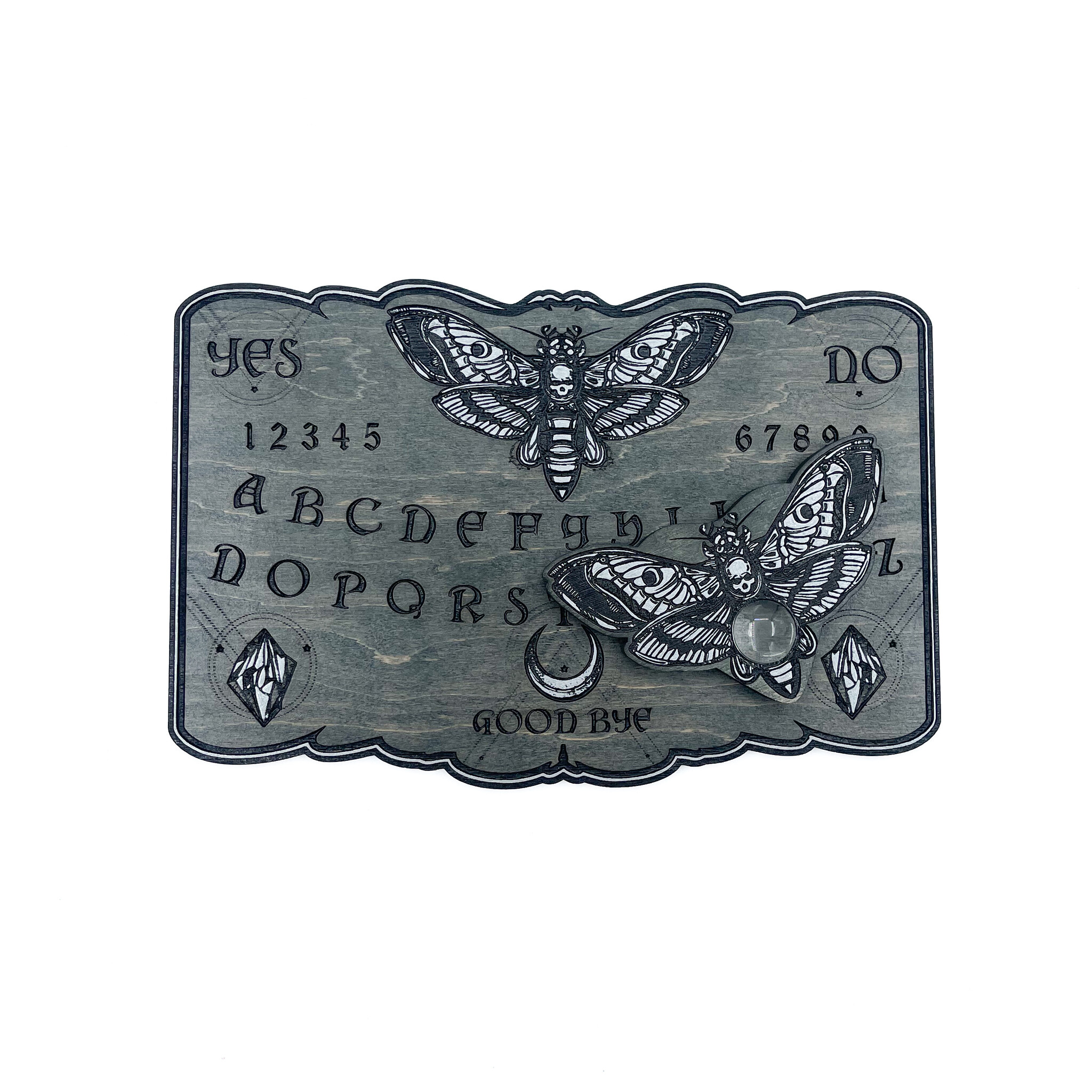 Small Death Moth Spirit Board in Grey Wood Stain 12" x 8"