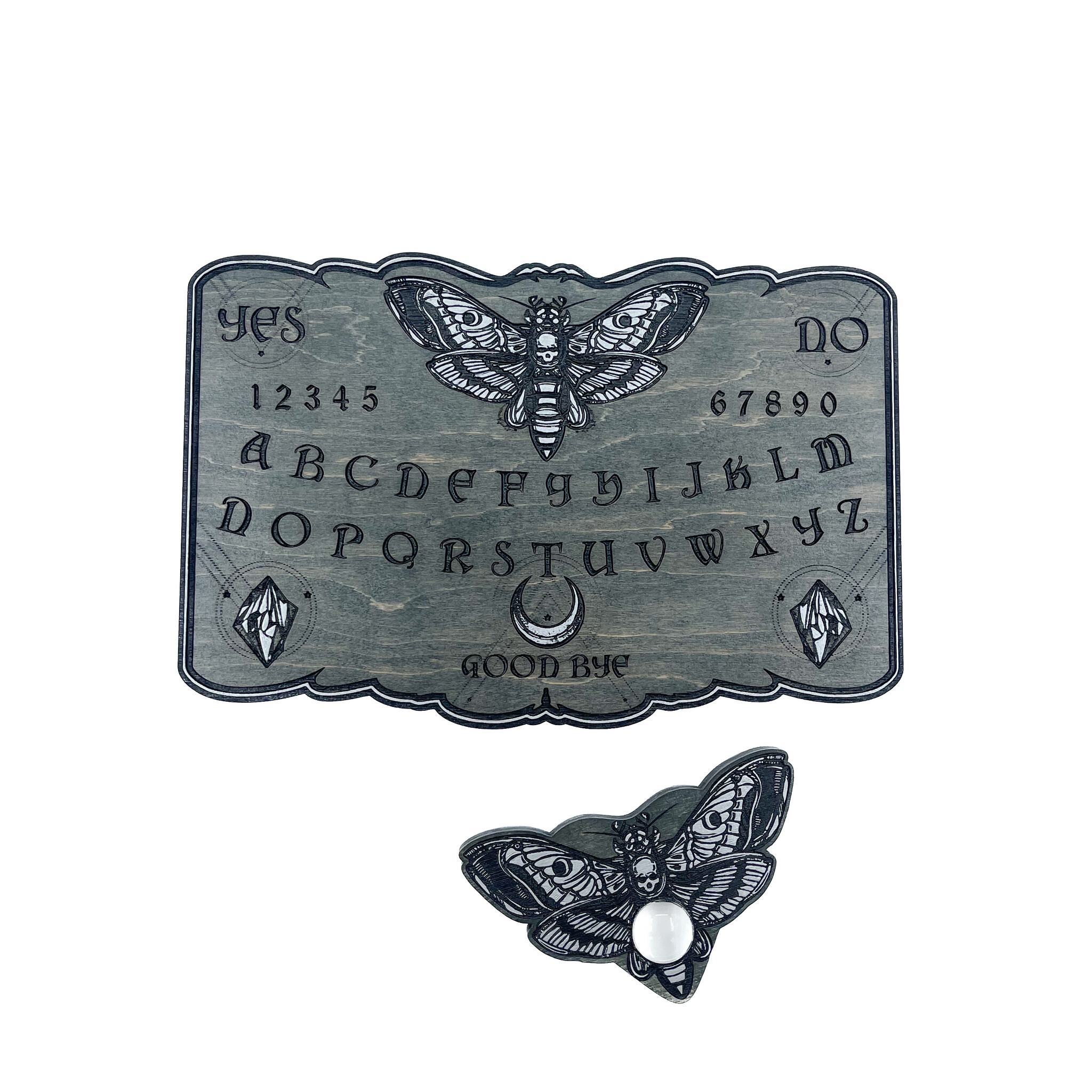 Small Death Moth Spirit Board in Grey Wood Stain 12" x 8"