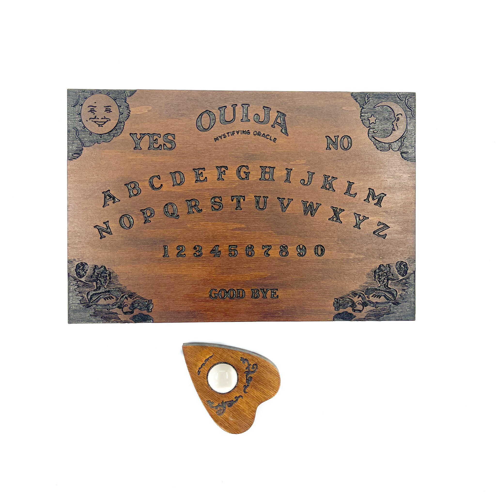 Small Classic Ouija Board in Dark Wood Stain 12" x 8"
