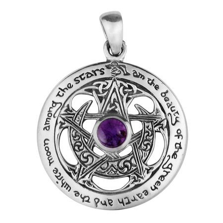 Large Cut-Out Moon Pentacle Pendant in Sterling Silver with Amethyst