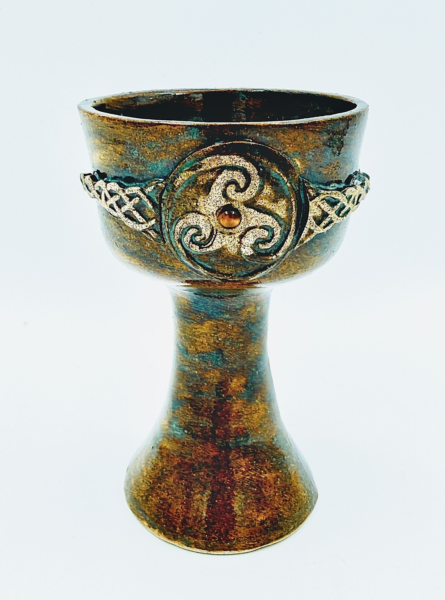Small triskelion chalice with braided knotwork and gem, a water element altar tool