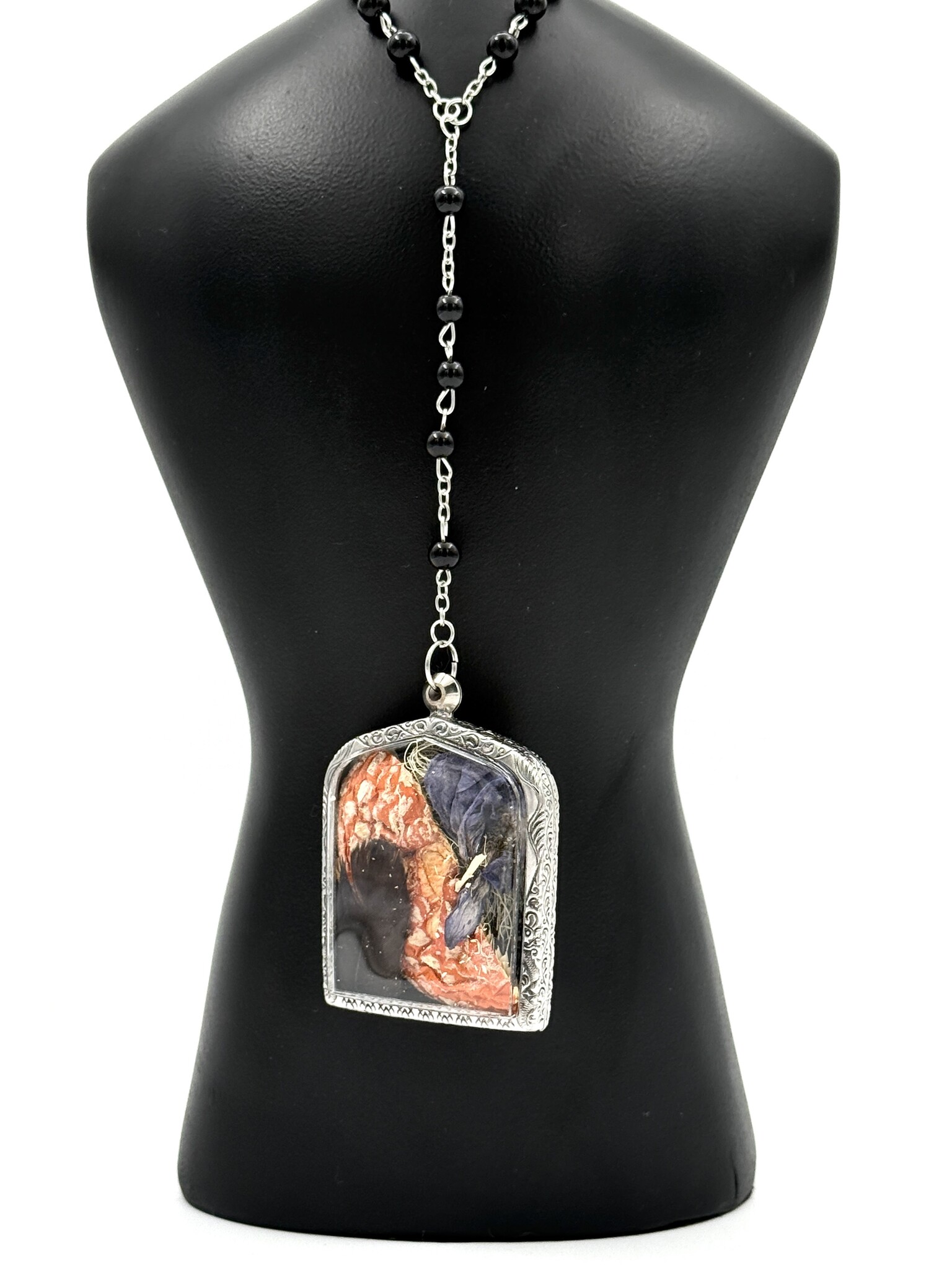 Poisoner's Apothecary Fly Agaric, Monkshood, Usnea and Crow Feather with Jet Beads and Locket