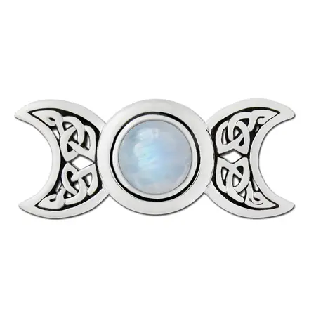 Sterling Silver Celtic Knot Triple Moon Goddess Rainbow Moonstone Pendant