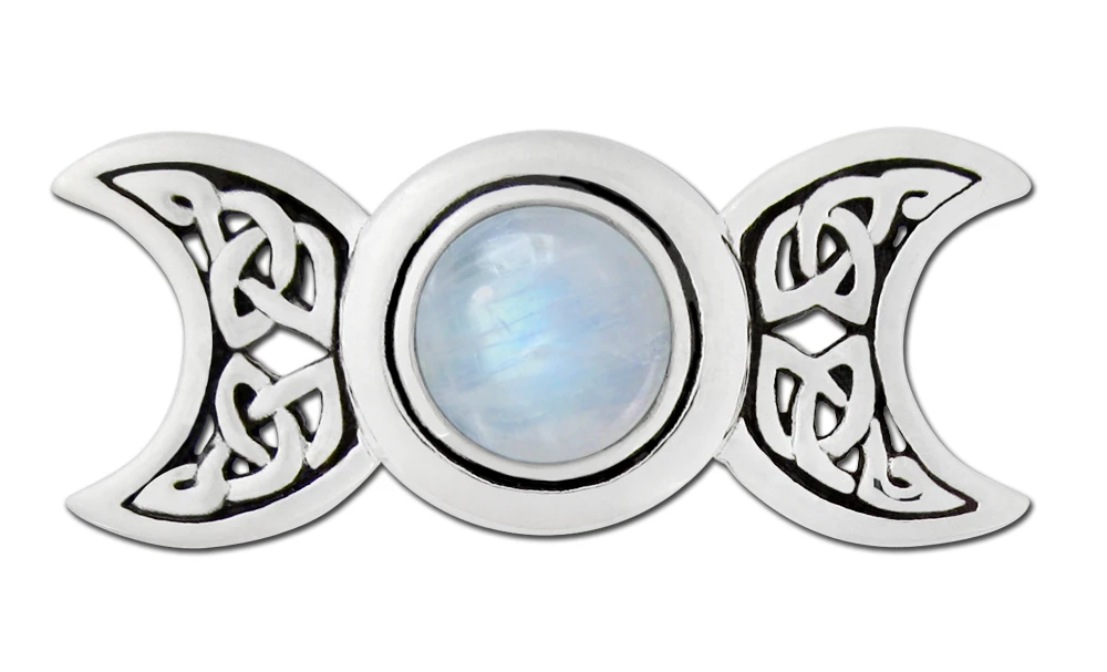 Sterling Silver Celtic Knot Triple Moon Goddess Rainbow Moonstone Pendant