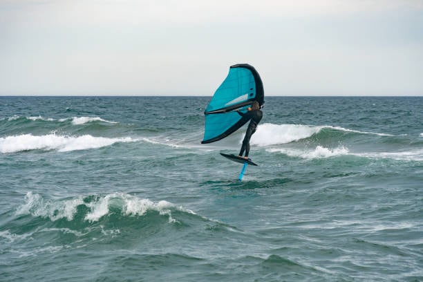 Wing foiler riding ocean waves with teal wing in Florida surf