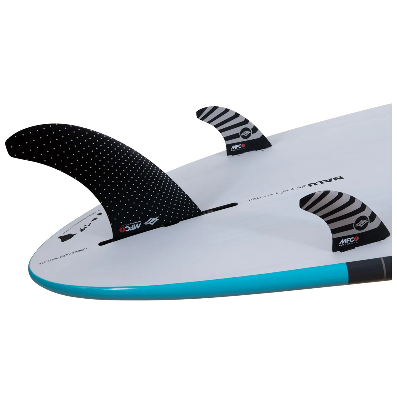 Naish Nalu 10'9 GTW close-up of thruster fin setup showing center and side fins