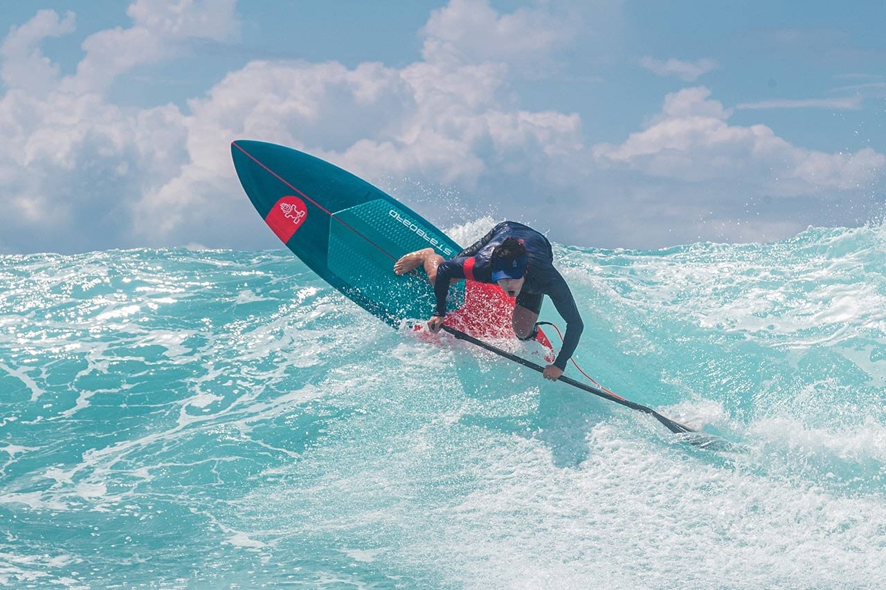 Close-up of the narrow nose outline on a Starboard Pro SUP under a cloudy sky