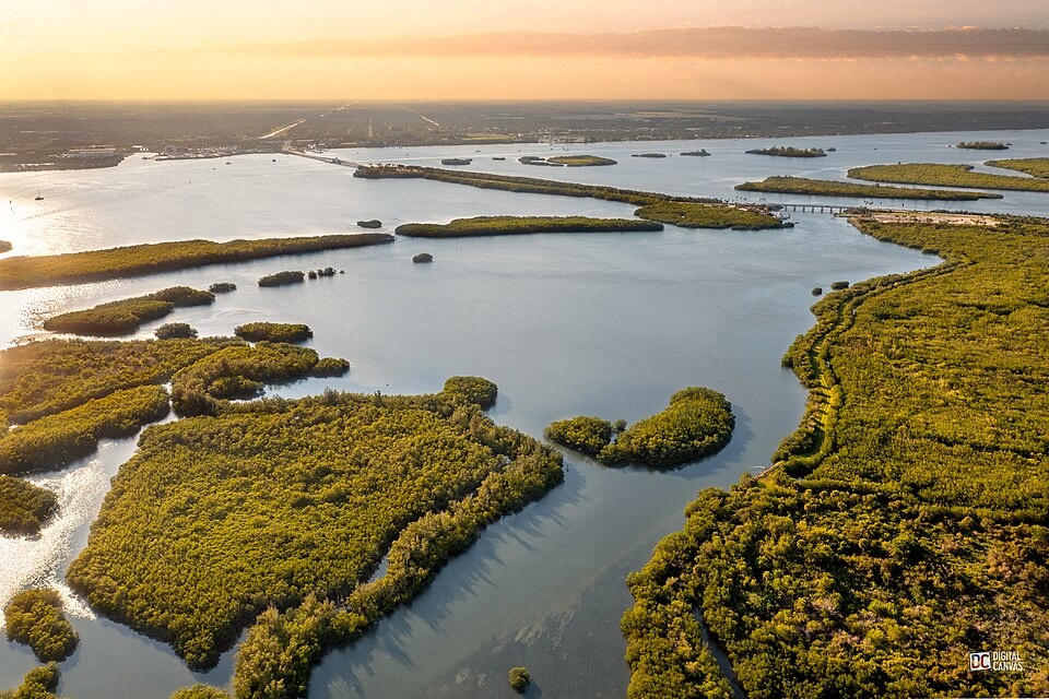 Aerial view of Banana River Lagoon and Thousand Islands paddle boarding area near Cocoa Beach