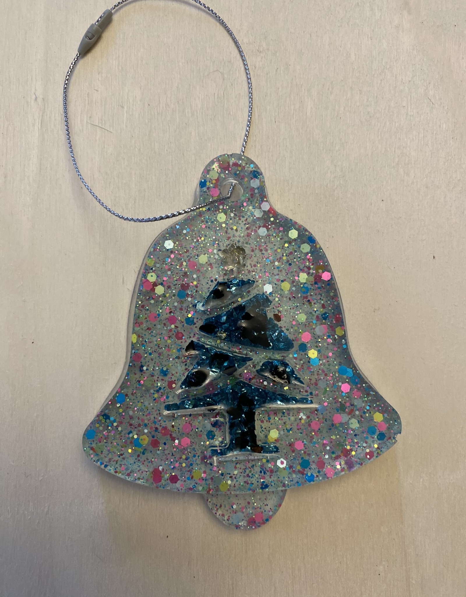 Lucas' Passion for Fashion Handmade Clear with Glitter Christmas Bell Ornament w/ Coal Tree