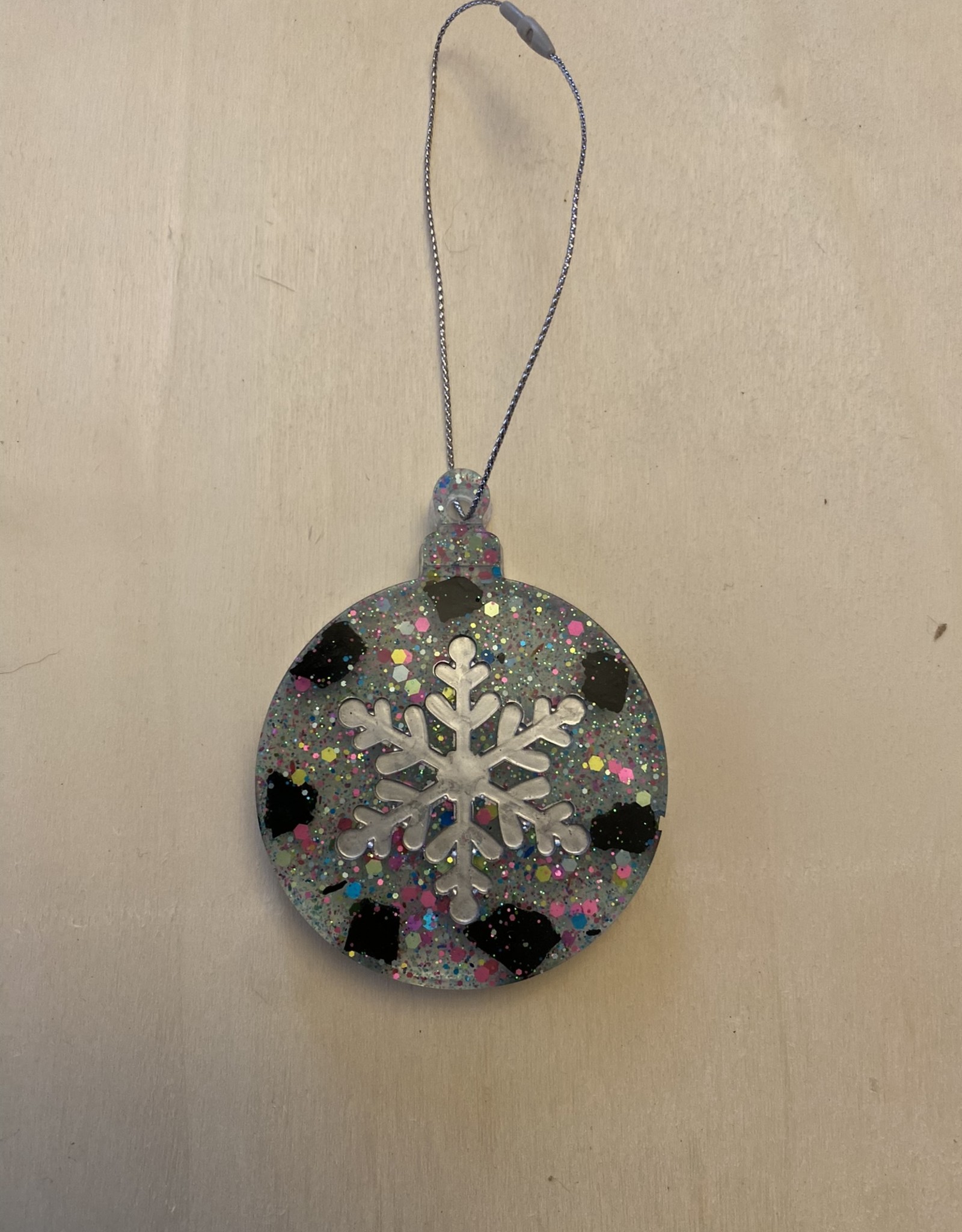 Lucas' Passion for Fashion Handmade Clear with Glitter Round Christmas Ornament w/ Coal Snowflake