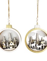Santa & Reindeer Scene in Bauble Hanging Decoration White & Gold 12cm (2 Asst random selection)