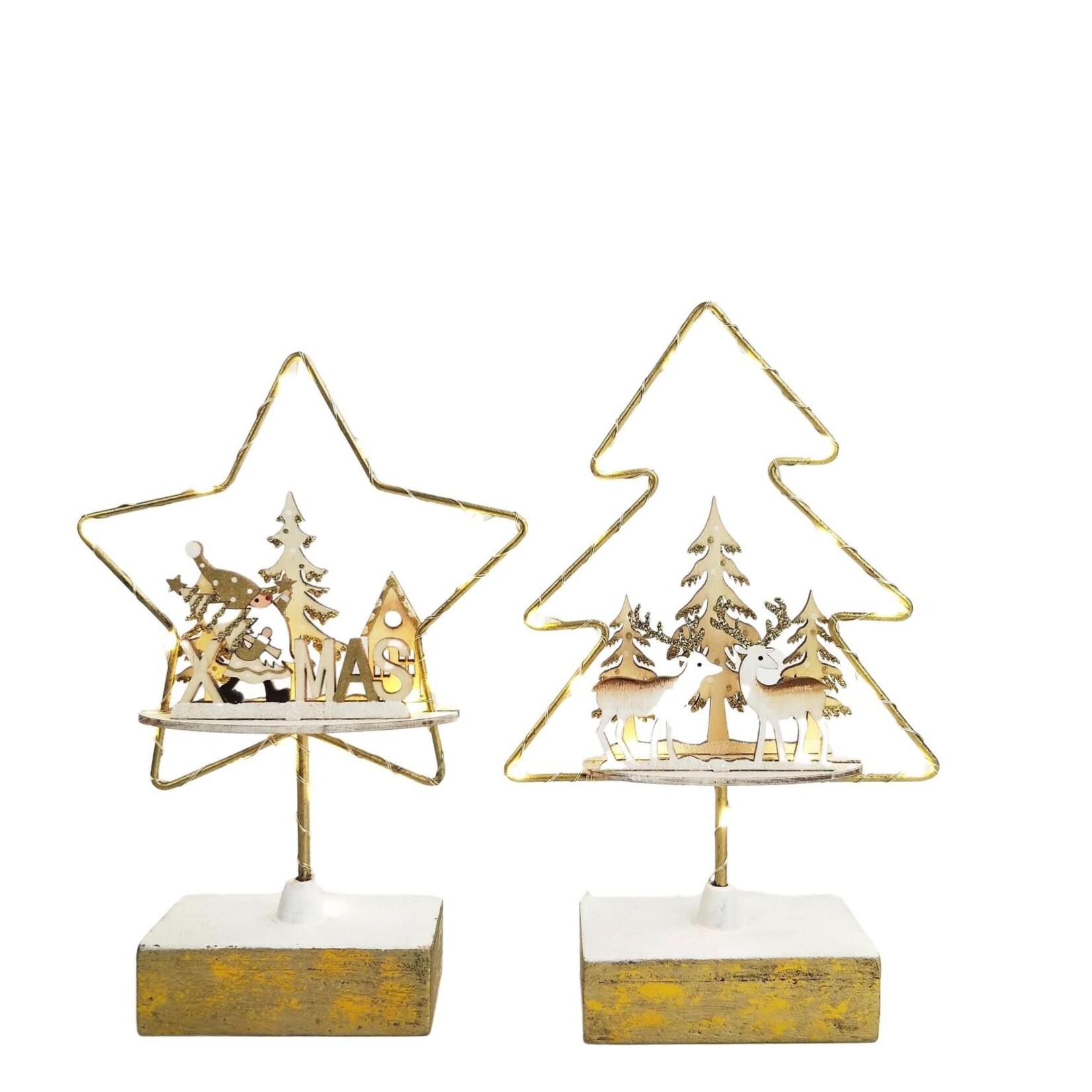 Santa & Reindeer Scenes in Star & Tree with Lights Decoration White & Gold 21cm (2 Asst random selection)