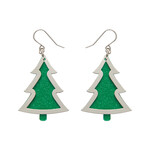 Green Christmas Tree Drop Earrings - Silver