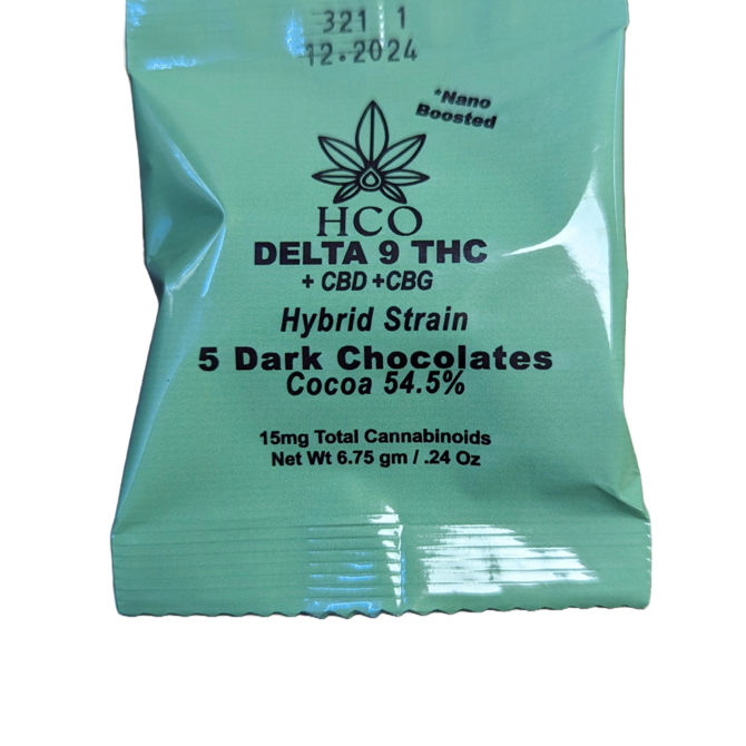 12 Packs: THC Dark Chocolate 54.5%: Hybrid Strain 15mg