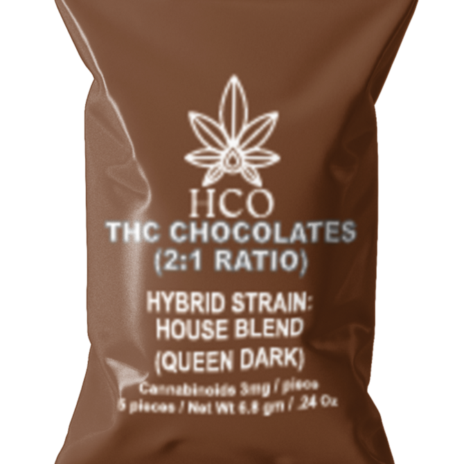 Moderate THC Hemp (MTH) THC Dark Chocolate: (2:1 Ratio Blend Hybrid Strain)  (5ct/15mg/Packets) boxed 30