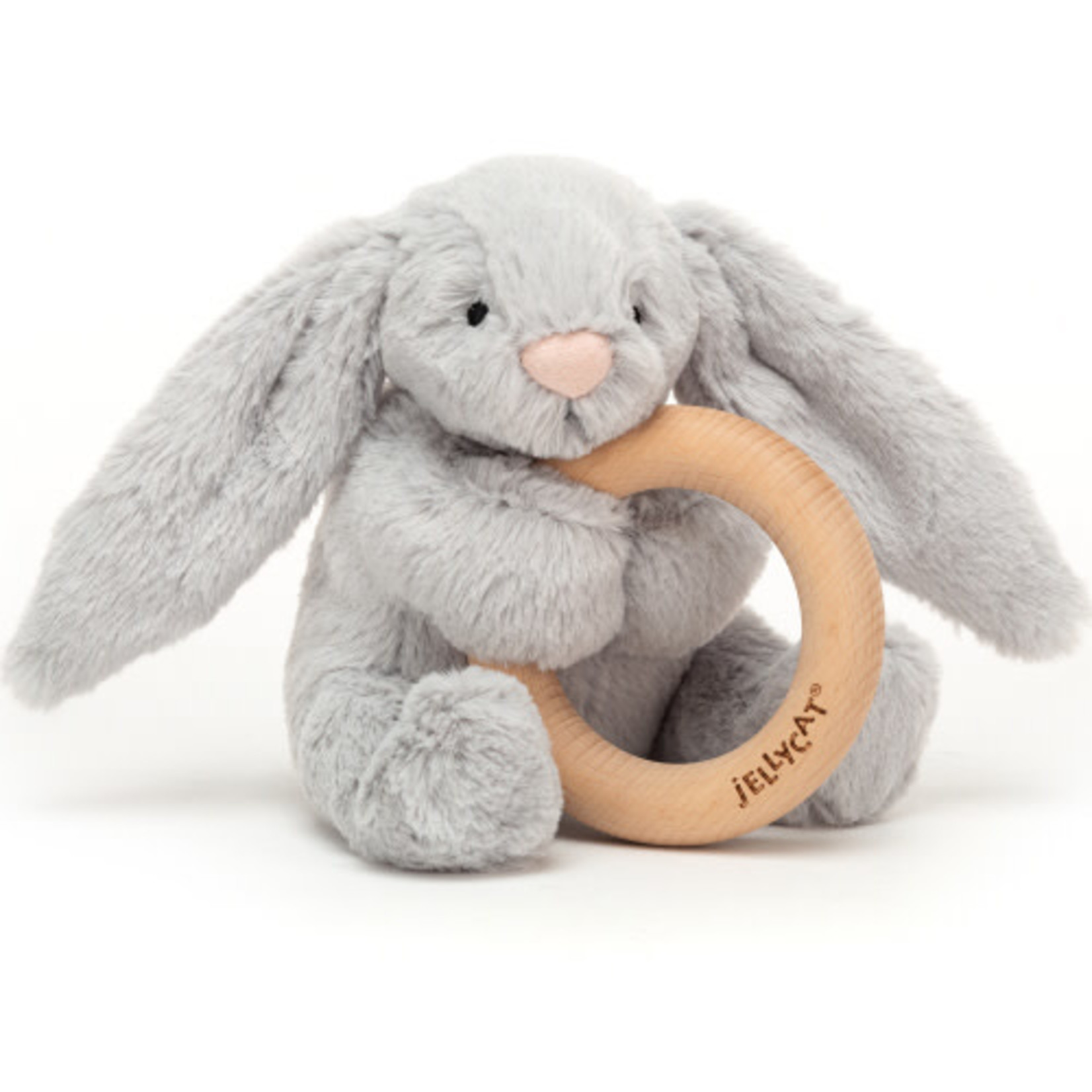 JELLYCAT BASHFUL GREY BUNNY WOODEN RATTLE