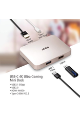 Aten ATEN USB-C 4K Ultra Mini Dock with Power Pass-through (60 watts), Connectors: 1xUSB-C DC-in, 1xUSB-C, 1xUSB 2.0 Type A, 1xUSB 3.2 Gen 1 Type A, 1xHDMI