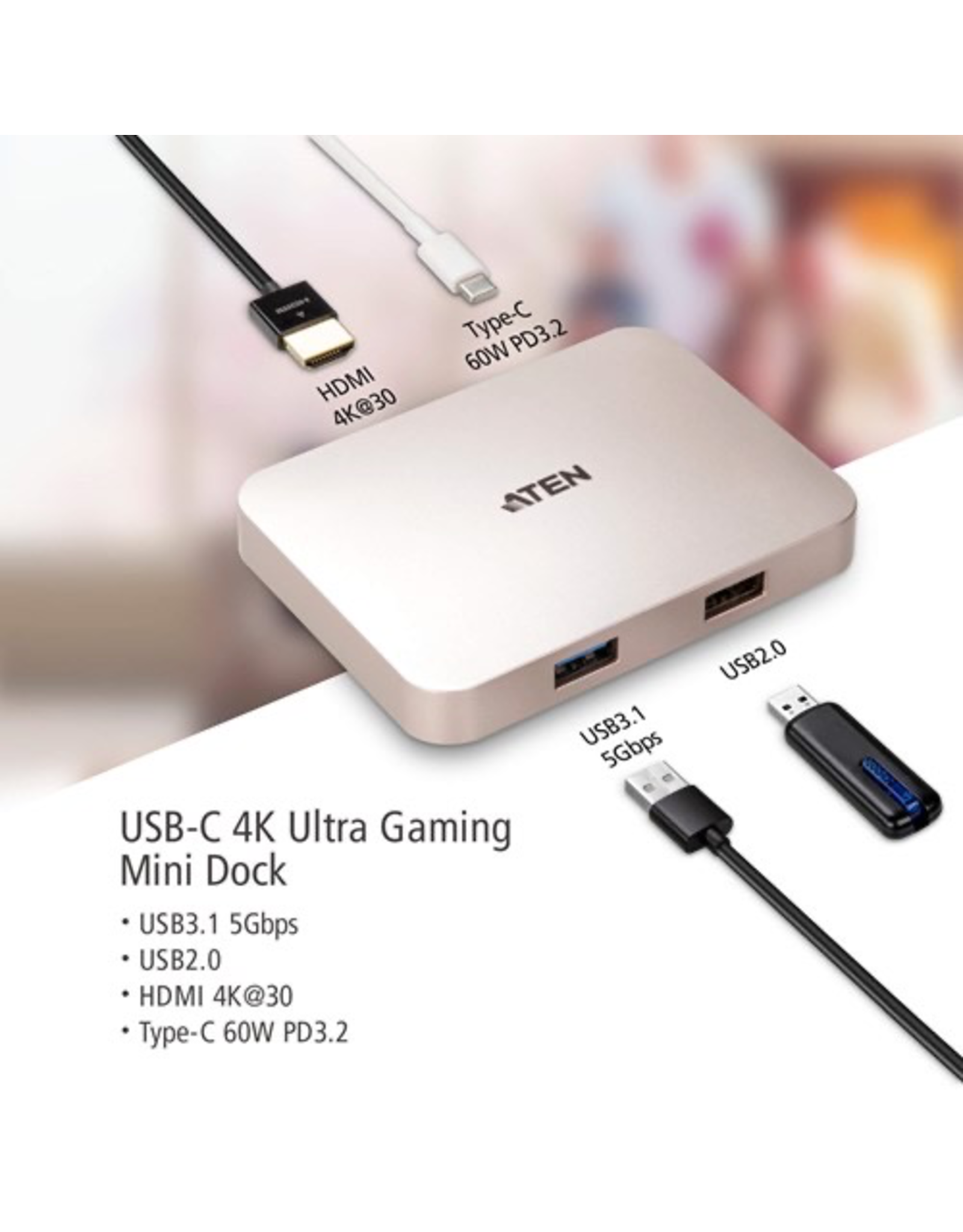 Aten ATEN USB-C 4K Ultra Mini Dock with Power Pass-through (60 watts), Connectors: 1xUSB-C DC-in, 1xUSB-C, 1xUSB 2.0 Type A, 1xUSB 3.2 Gen 1 Type A, 1xHDMI