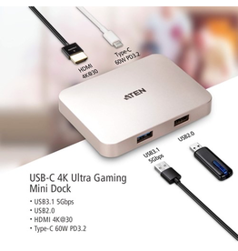 Aten ATEN USB-C 4K Ultra Mini Dock with Power Pass-through (60 watts), Connectors: 1xUSB-C DC-in, 1xUSB-C, 1xUSB 2.0 Type A, 1xUSB 3.2 Gen 1 Type A, 1xHDMI