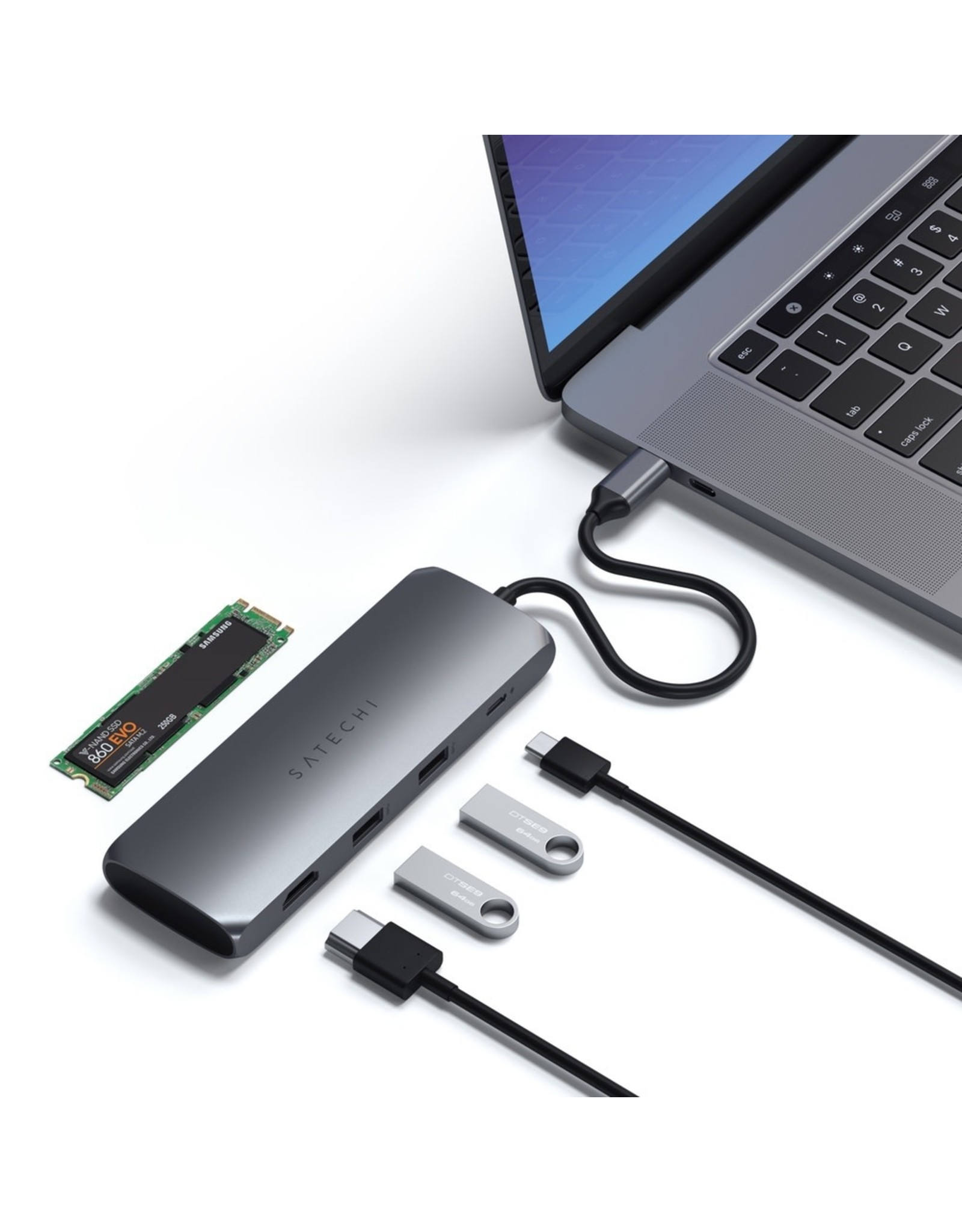 Satechi Satechi USB-C Hybrid Multiport Adapter with SSD Enclosure - Space Grey - fits SATA M.2 SSD (not included)