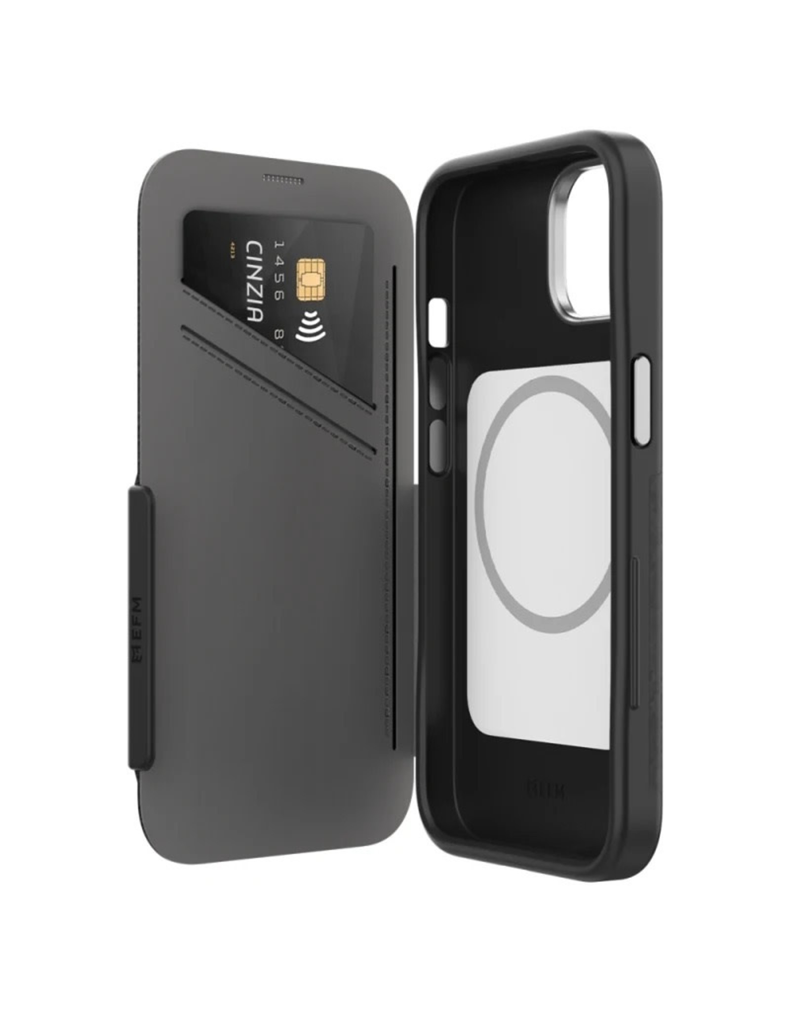 EFM EFM Monaco E-Leather Wallet Case Armour with D3O® 5G Signal Plus suits iPhone 14 - Black/ Space Grey