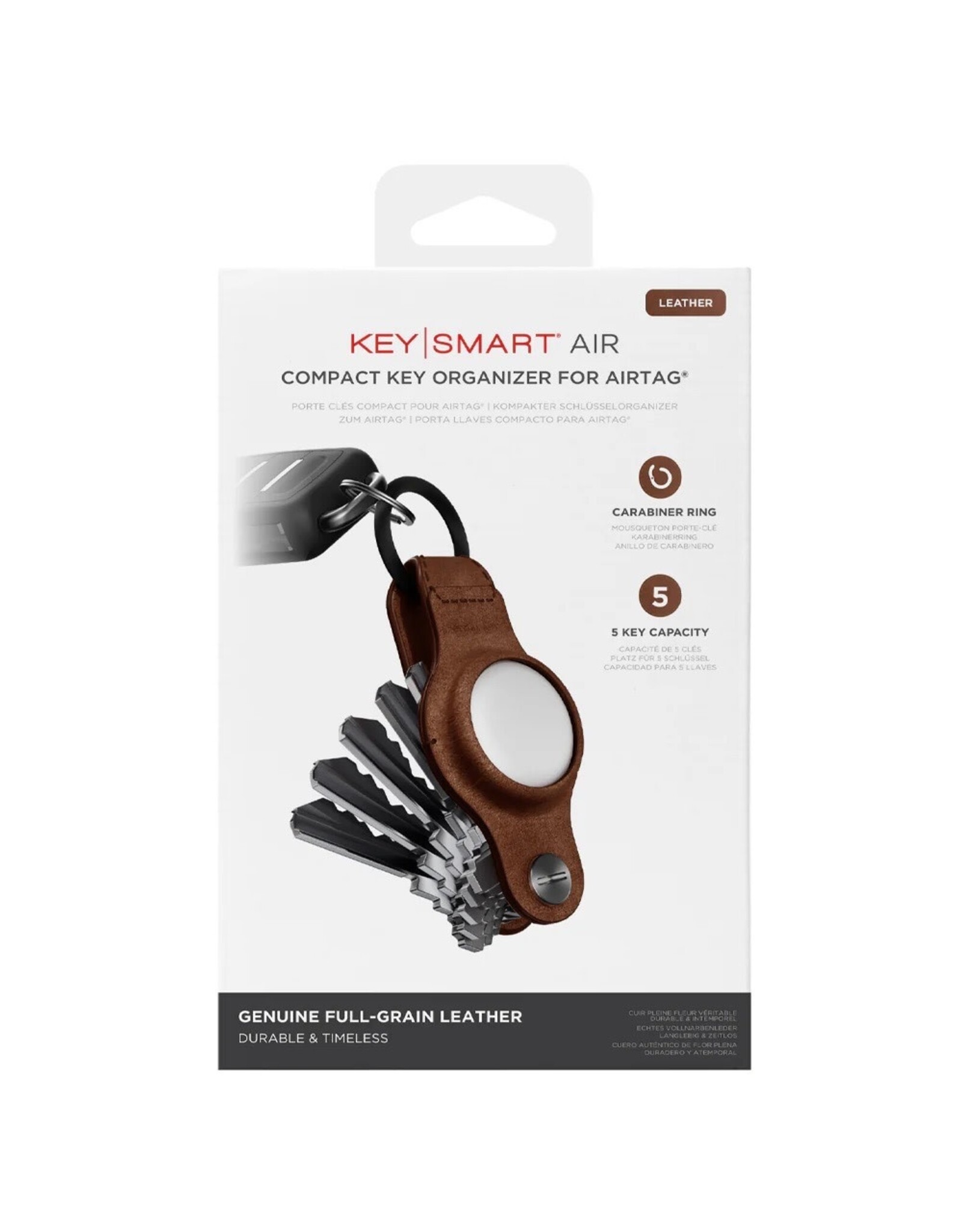 KeySmart KeySmart Air - Compact Leather Key Holder and Case for Apple Airtag holds up to 5 keys - Brown