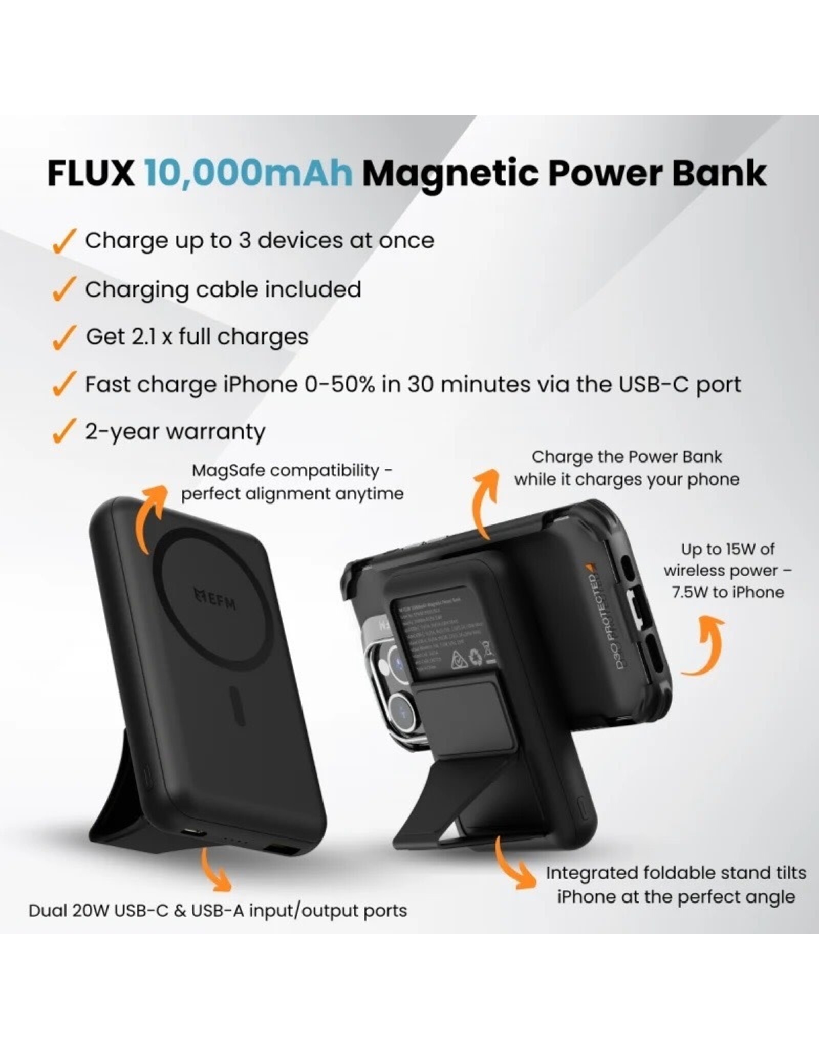 EFM EFM FLUX 10,000mAh Magnetic Power Bank With MagSafe Compatability and Foldable Stand - Black