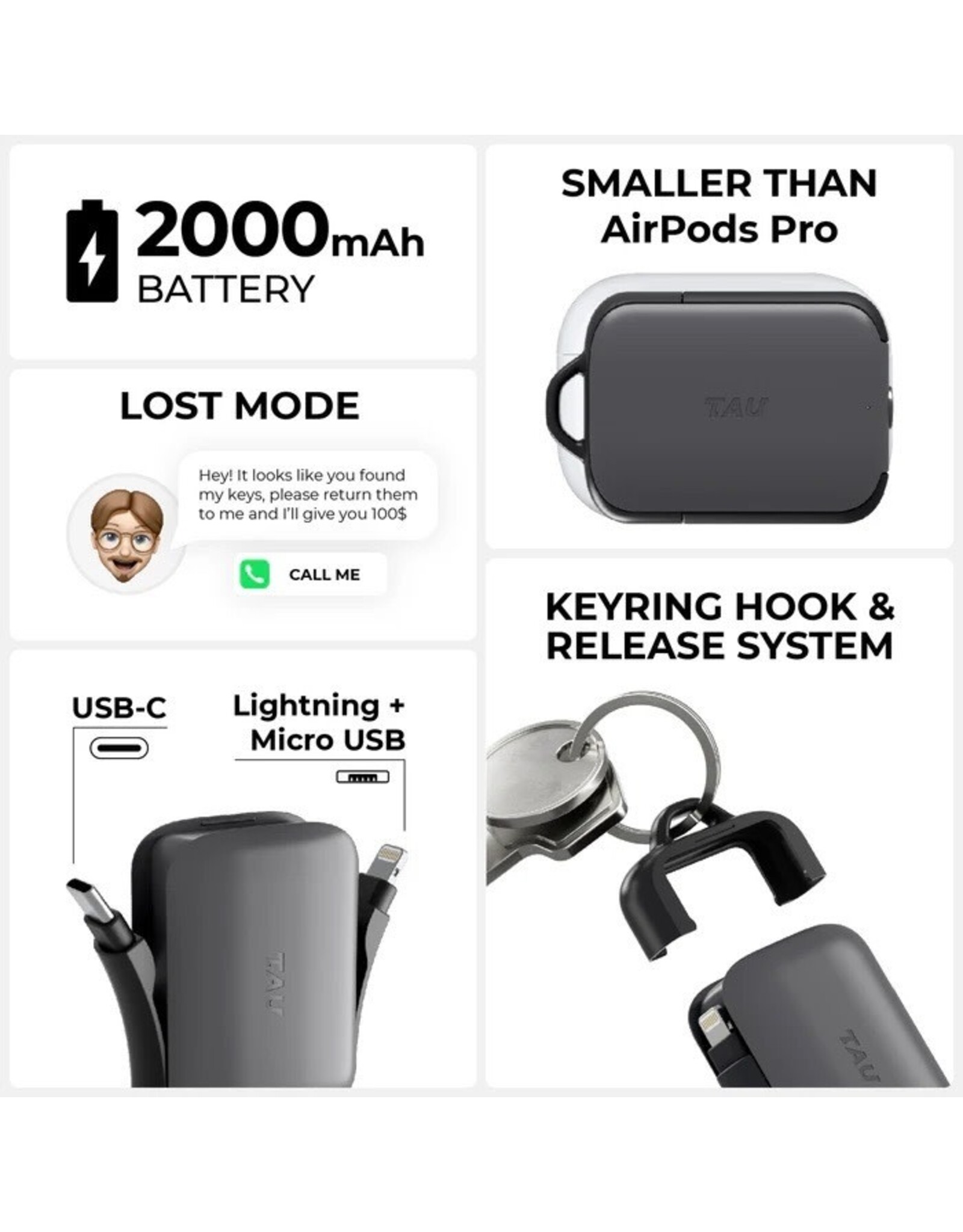 Rolling Square Tau 2 3-in-1 Keyring Powerbank 2000mAh - Charcoal Black