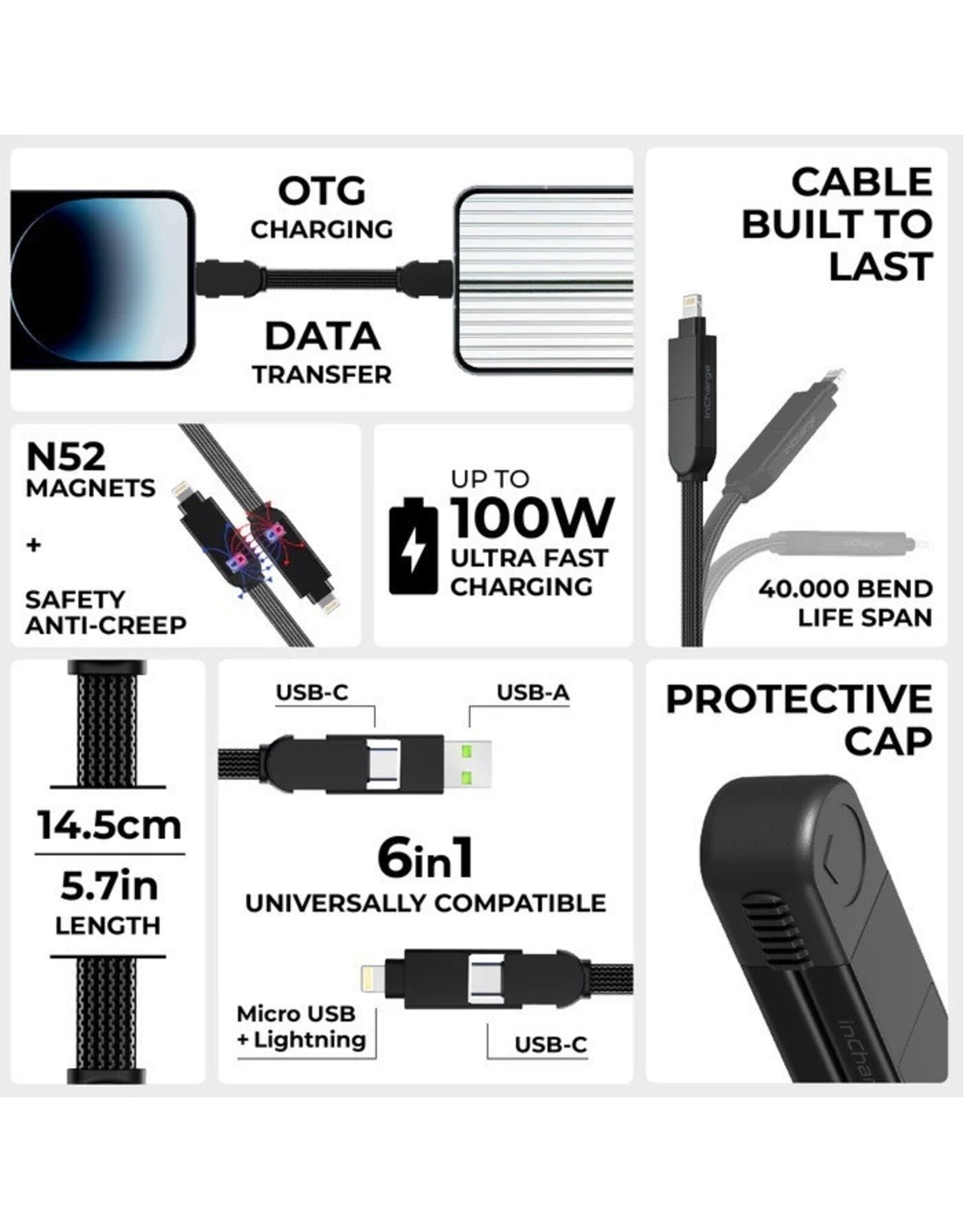 Rolling Square Rolling Square inCharge X 100W 6-in-1 Keyring Cable - Lava Black