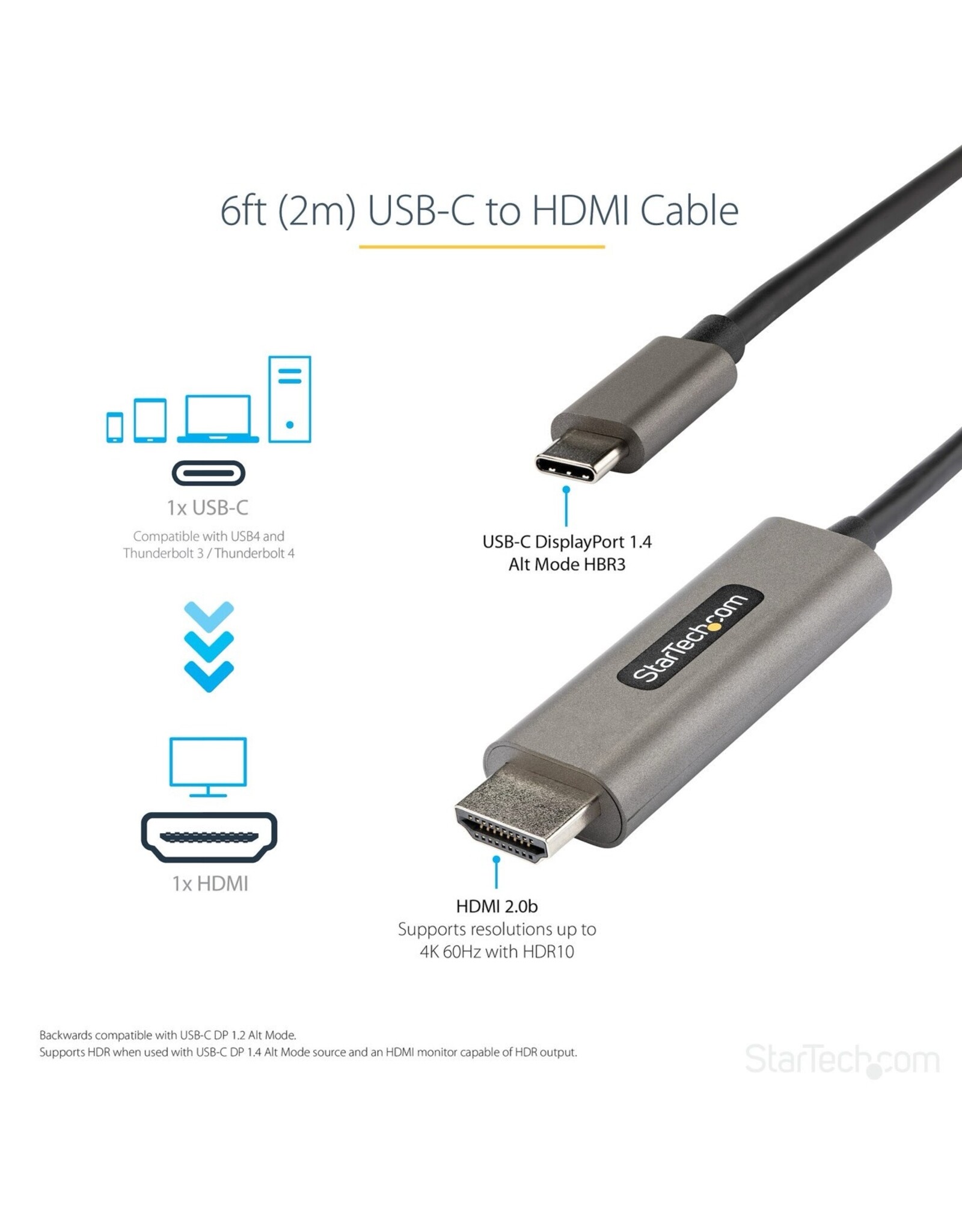 Startech Startech USB-C to HDMI Cable, 4K 60Hz with HDR10, Ultra HD USB Type-C to HDMI 2.0b - 2m