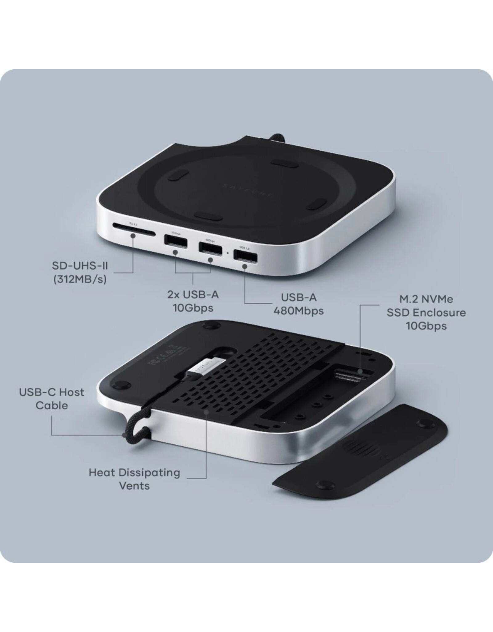 Satechi Satechi Mac Mini M4 Stand & Hub With M.2 NVMe SSD Enclosure - Silver